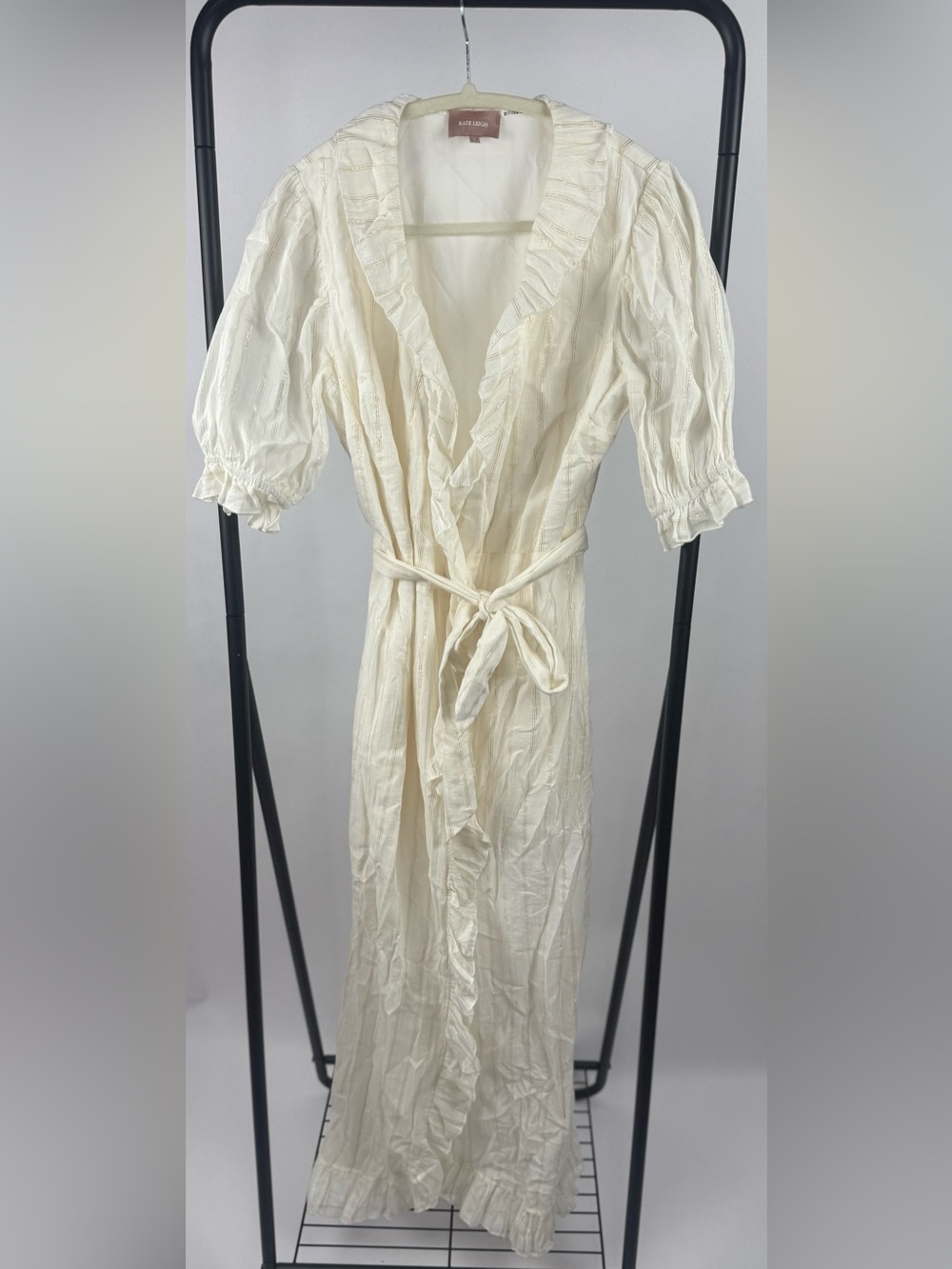Kate Leigh Railroad Wrap Maxi Dress Cream Gold Stripe Ruffle Cotton USA S - Picture 2 of 5